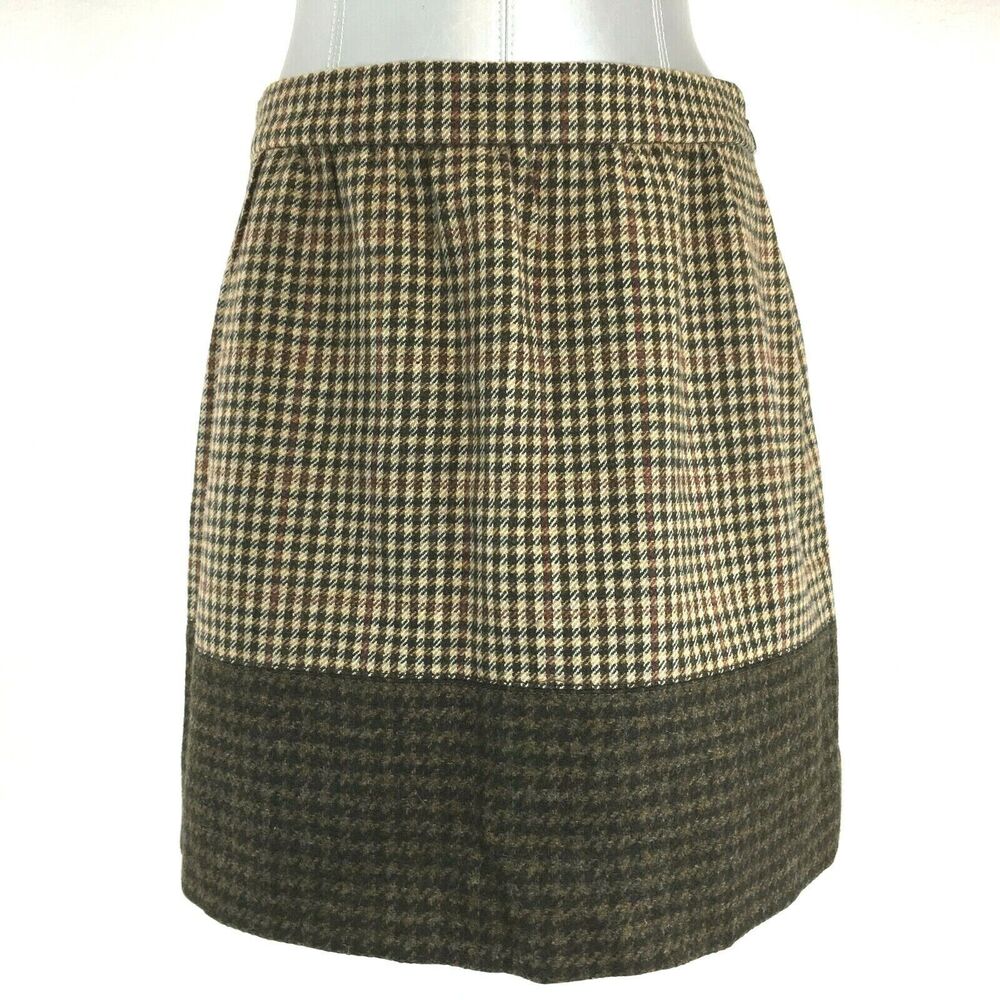 J. Crew‎ 6 Med Skirt 100% Wool Multi Brown Plaid Check Color Block Above Knee LN